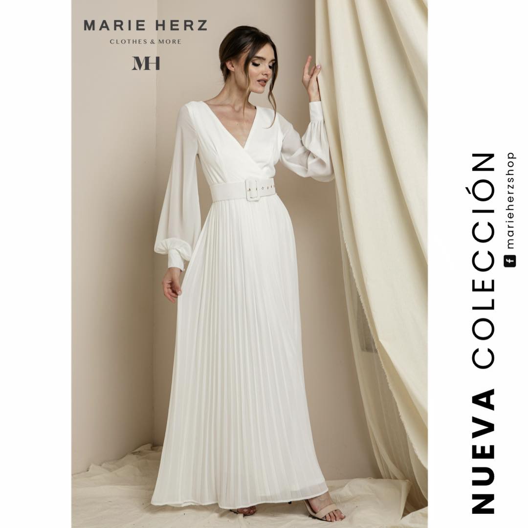 1060958 Maxivestido blanco manga cinturón