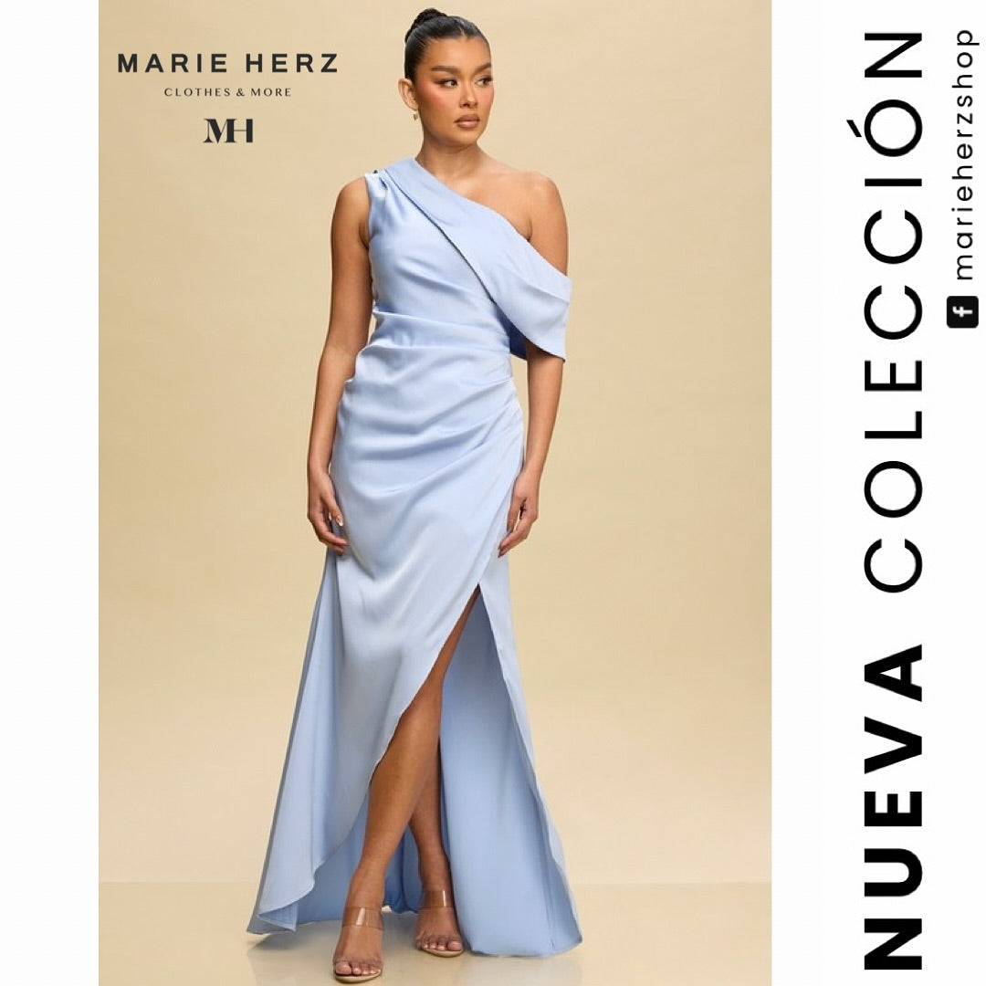 1063062 Vestido azul satin cuello manga
