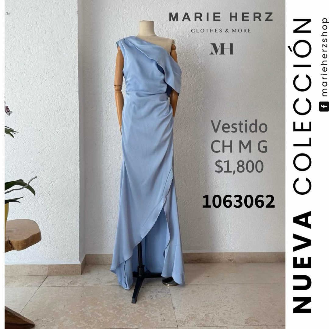 1063062 Vestido azul satin cuello manga