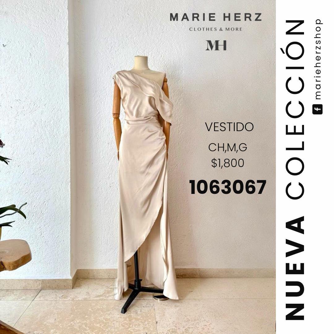 1063065 Vestido beige satin cuello manga