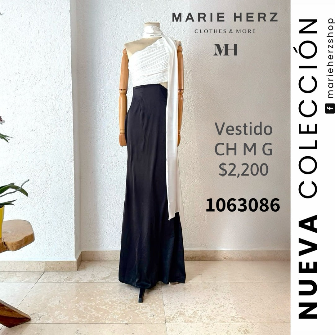 1063086 Vestido blanco con negro hombro