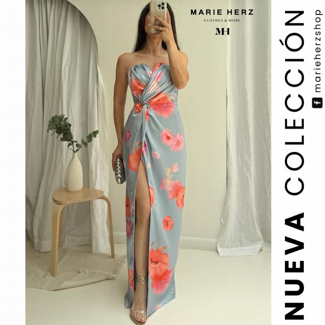 1063511 Vestido strapless azul flores rosas