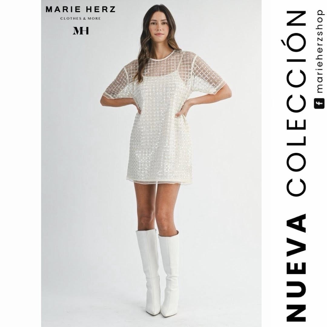 1063893 Vestido corto lentejuela beige