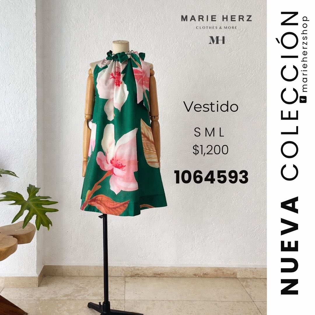 1064593 Vestido verde corto flores