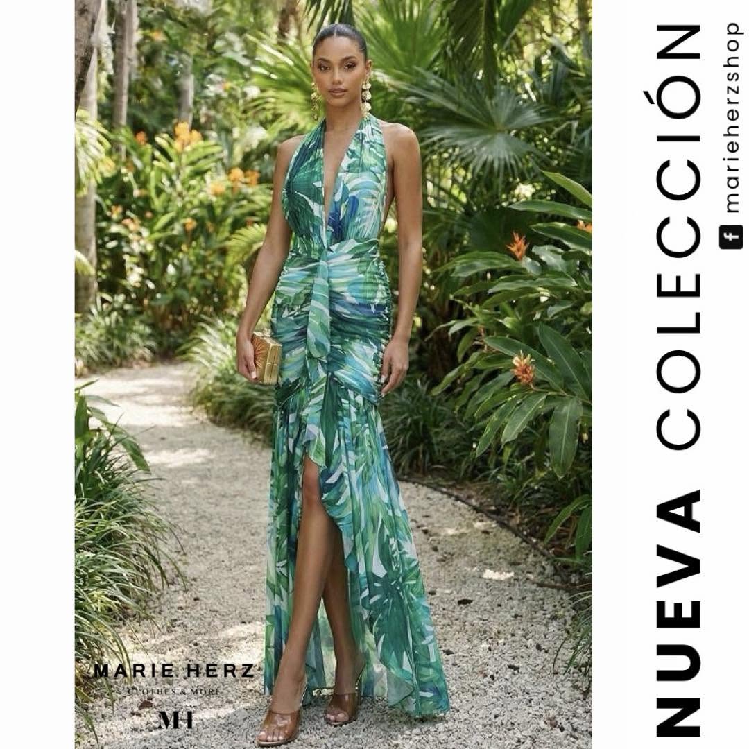 1064988 Vestido flores verdes halter