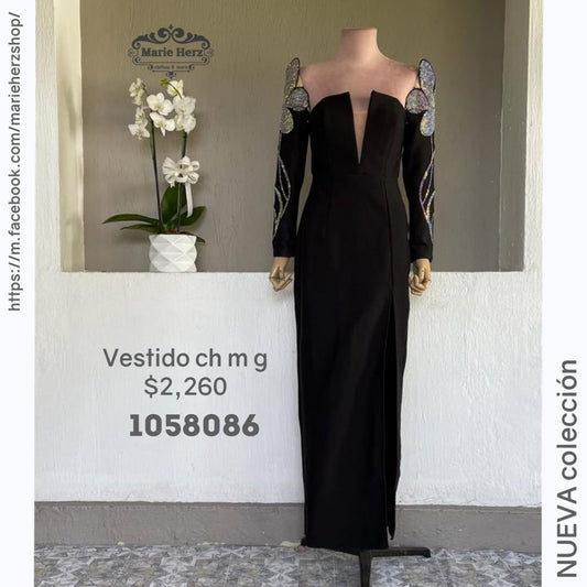 1058086  Vestido negro aplicación flor