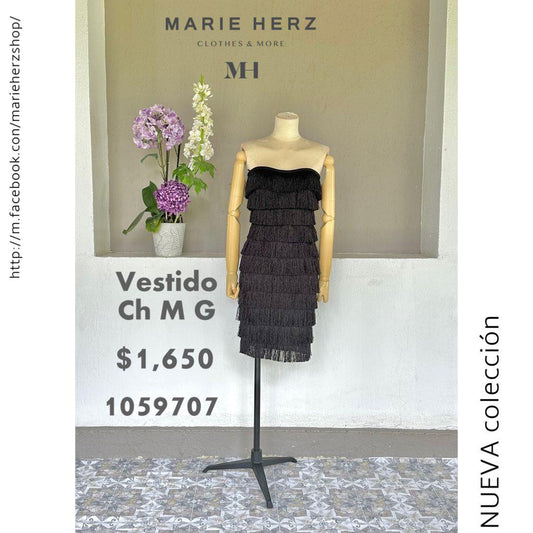1059707  Vestido negro flecos corto