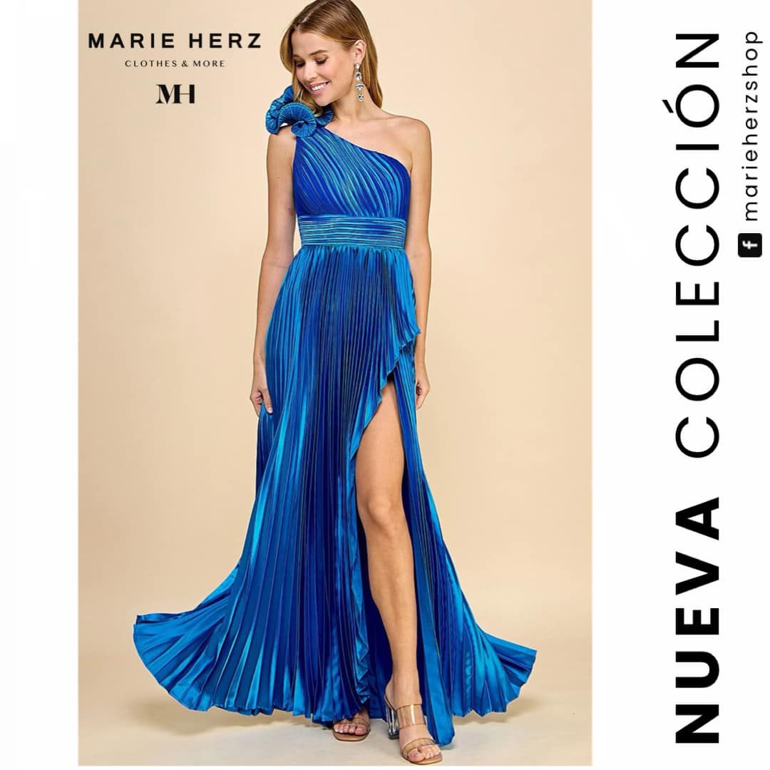 1061709  Vestido azul tablas hombro