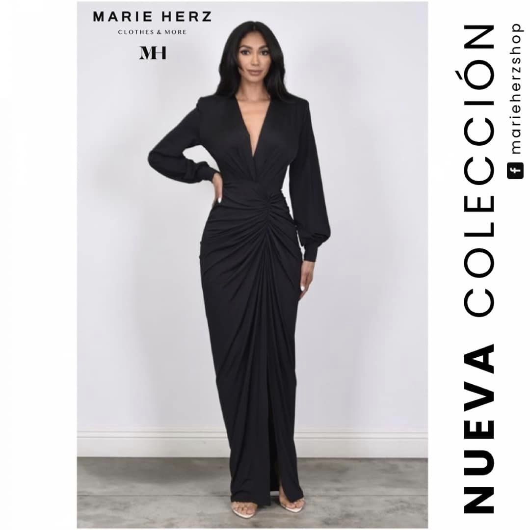 1062266  Maxivestido negro licra manga larga