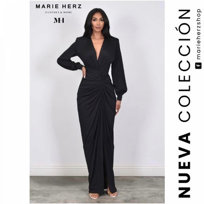 1062266  Maxivestido negro licra manga larga