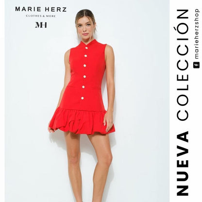1062647  Vestido rojo botón dorado