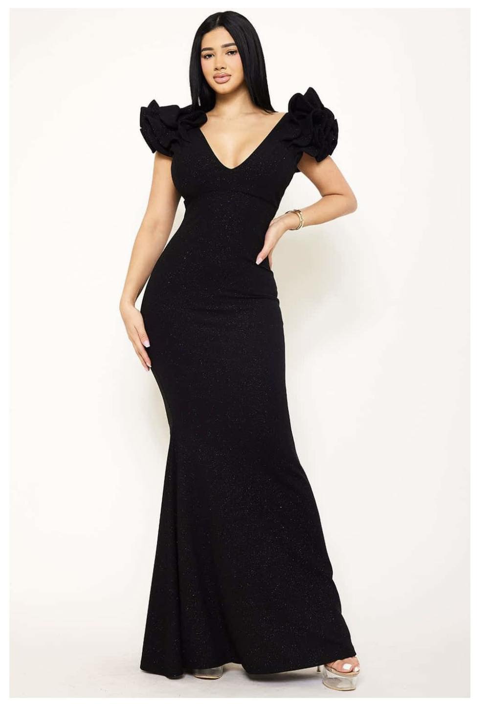 1062752  Vestido mangas negro brillo