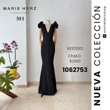 1062752  Vestido mangas negro brillo