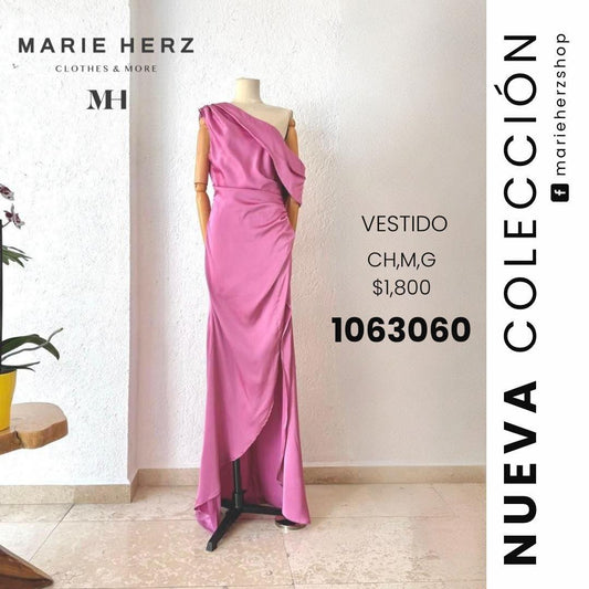 1063059  Vestido rosa satin cuello manga
