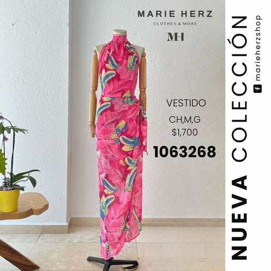 1063268  Vestido estampado rosa halter
