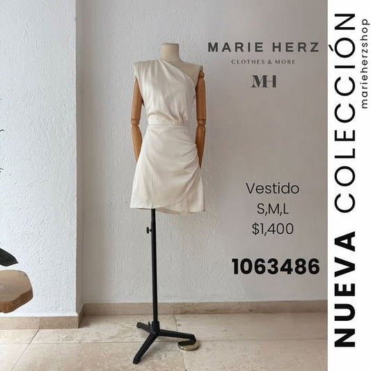 1063486  Vestido hombro beige corto