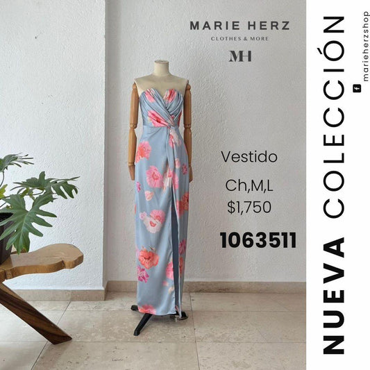 1063511  Vestido strapless azul flores rosas