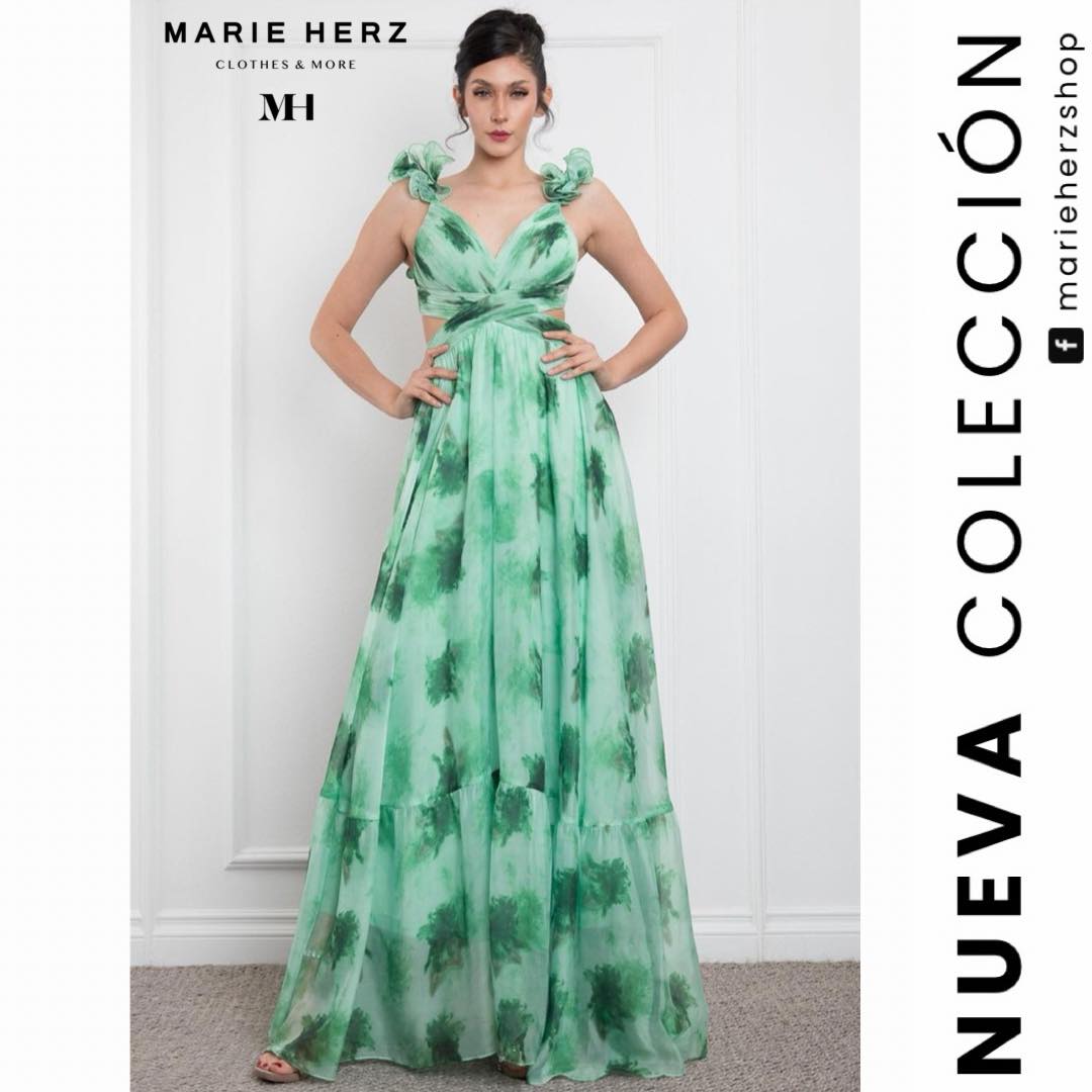 1063539  Vestido verde gasa estampado