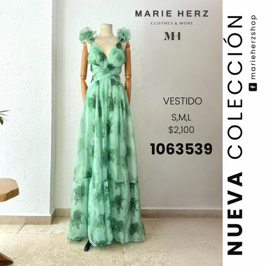 1063539  Vestido verde gasa estampado