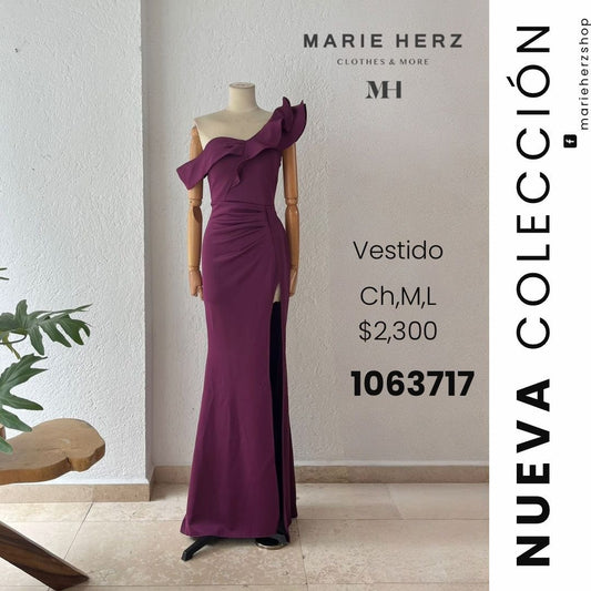 1063717  Vestido hombro olán uva