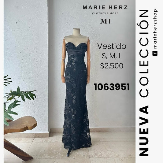 1063951  Vestido negro lentejuela strapless