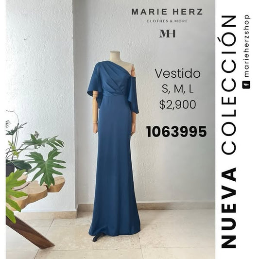 1063993  Vestido satin capa azul petroleo