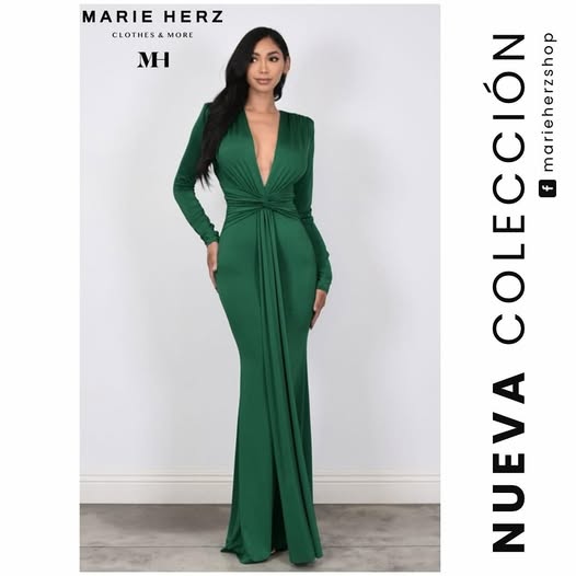 1064118  Vestido verde manga larga nudo