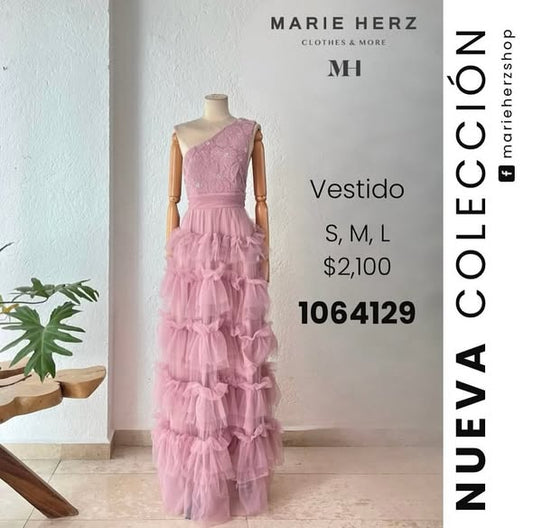 1064129  Vestido palo rosa flores perlas