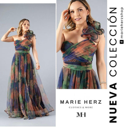 1064240  Vestido tul olán hombro verdes