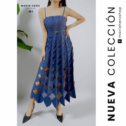1064357  Vestido azul circulos midi