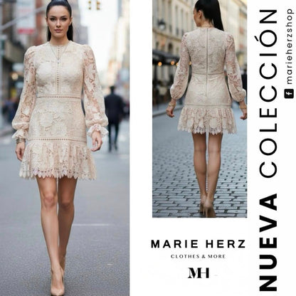 1064377  Vestido corto encaje manga larga