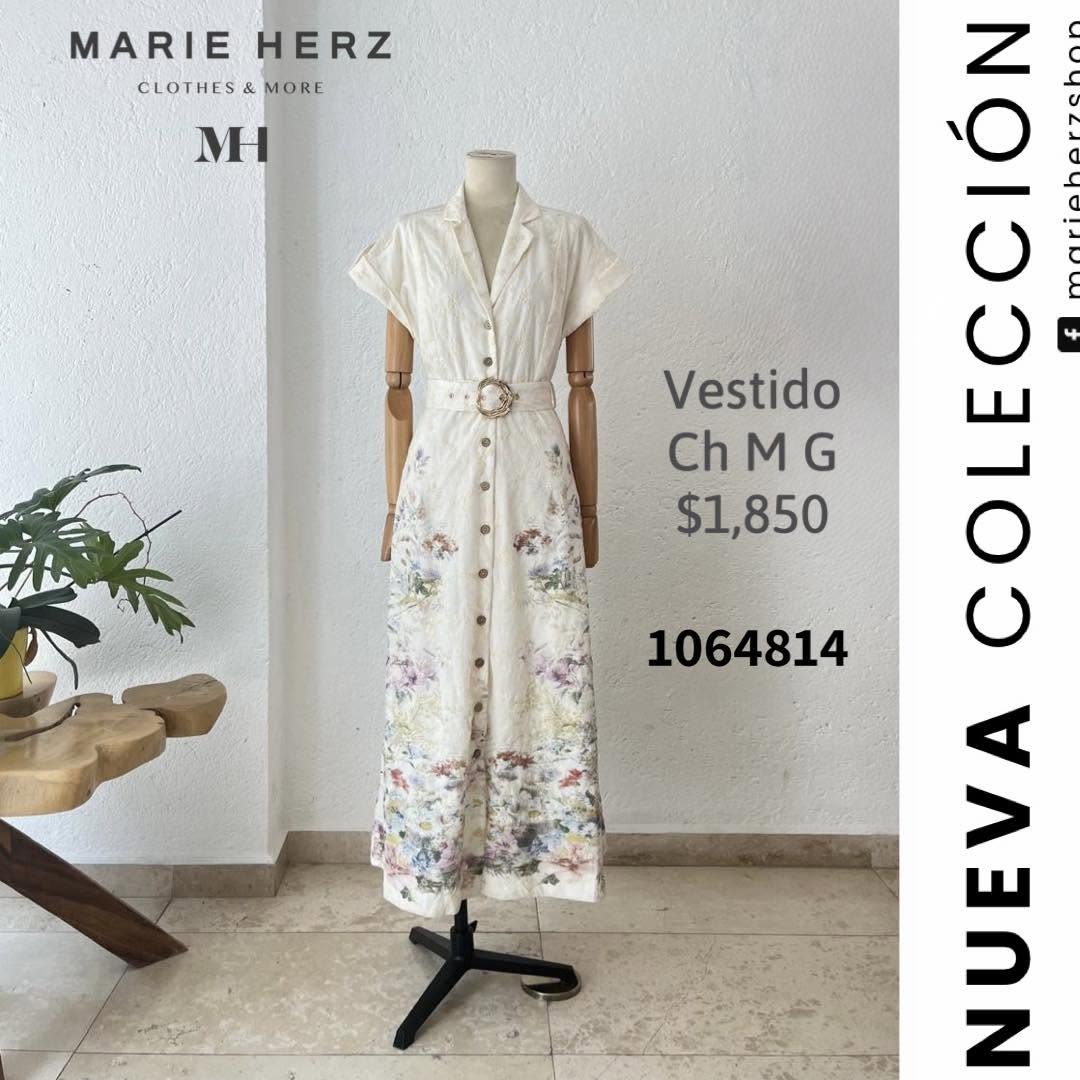 1064814  Vestido beige encaje flores