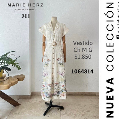 1064814  Vestido beige encaje flores