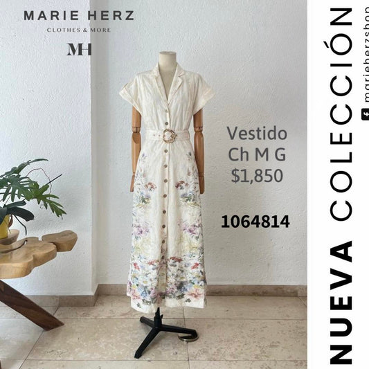 1064814  Vestido beige encaje flores
