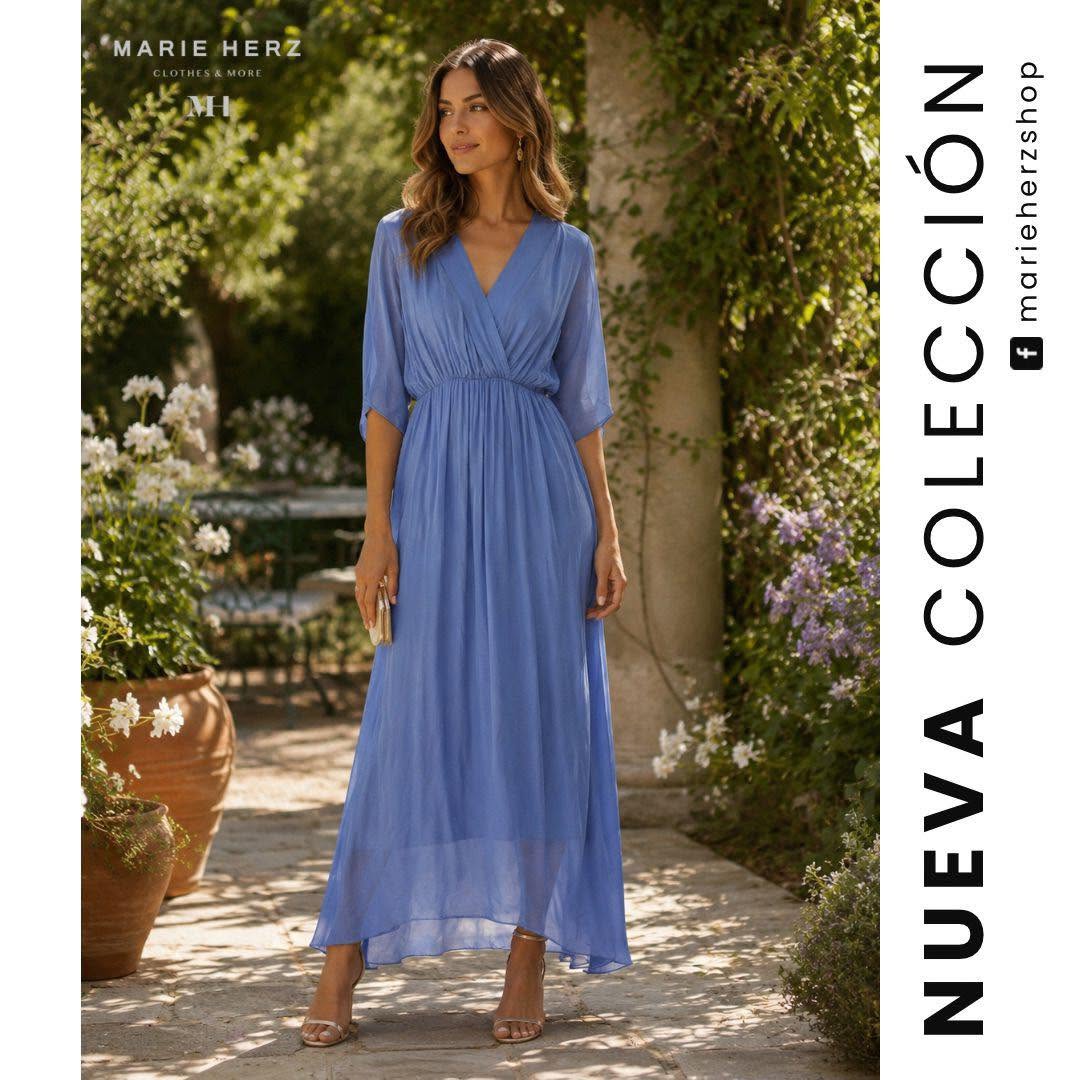 1064821  Vestido azul mangas seda  UT