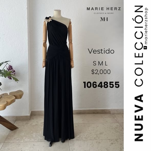 1064855  Vestido drapeado negro flor dorada
