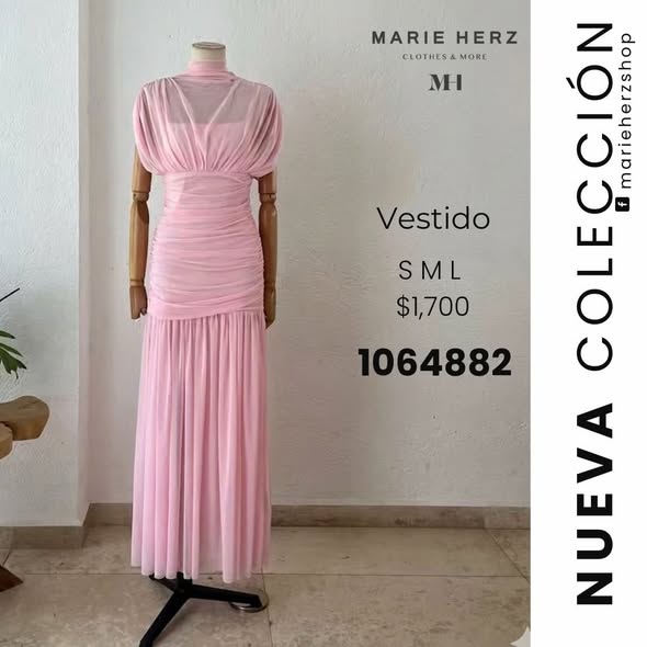 1064882  Vestido drapeado rosa pastel