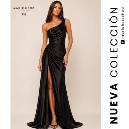 1064933  Vestido negro hombro aplicación