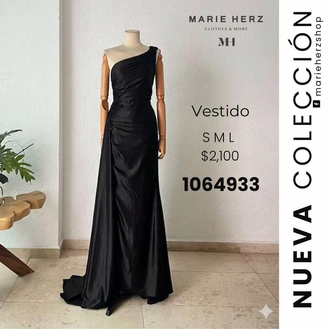 1064933  Vestido negro hombro aplicación