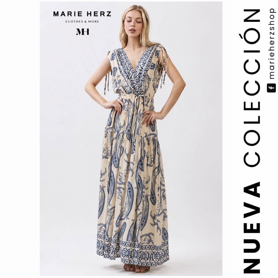 1064977  Vestido estampado beige azul