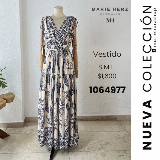 1064977  Vestido estampado beige azul