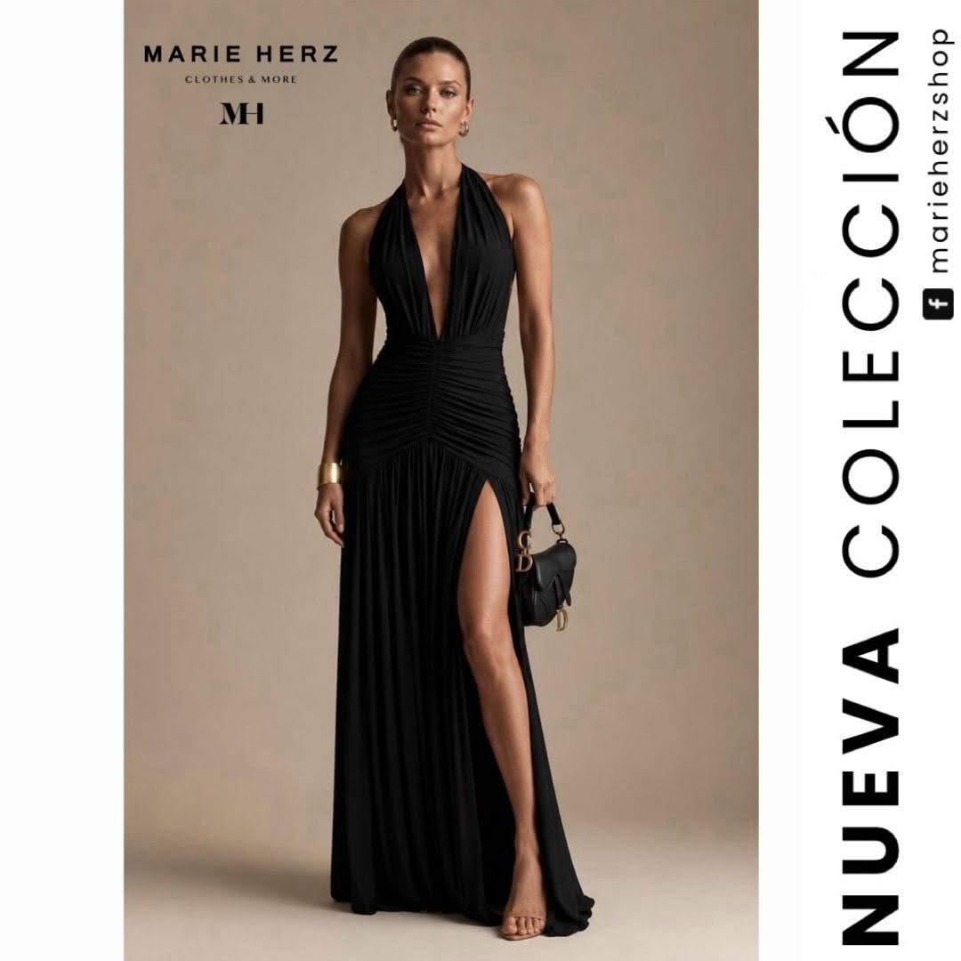1065083  Vestido negro halter drapeado