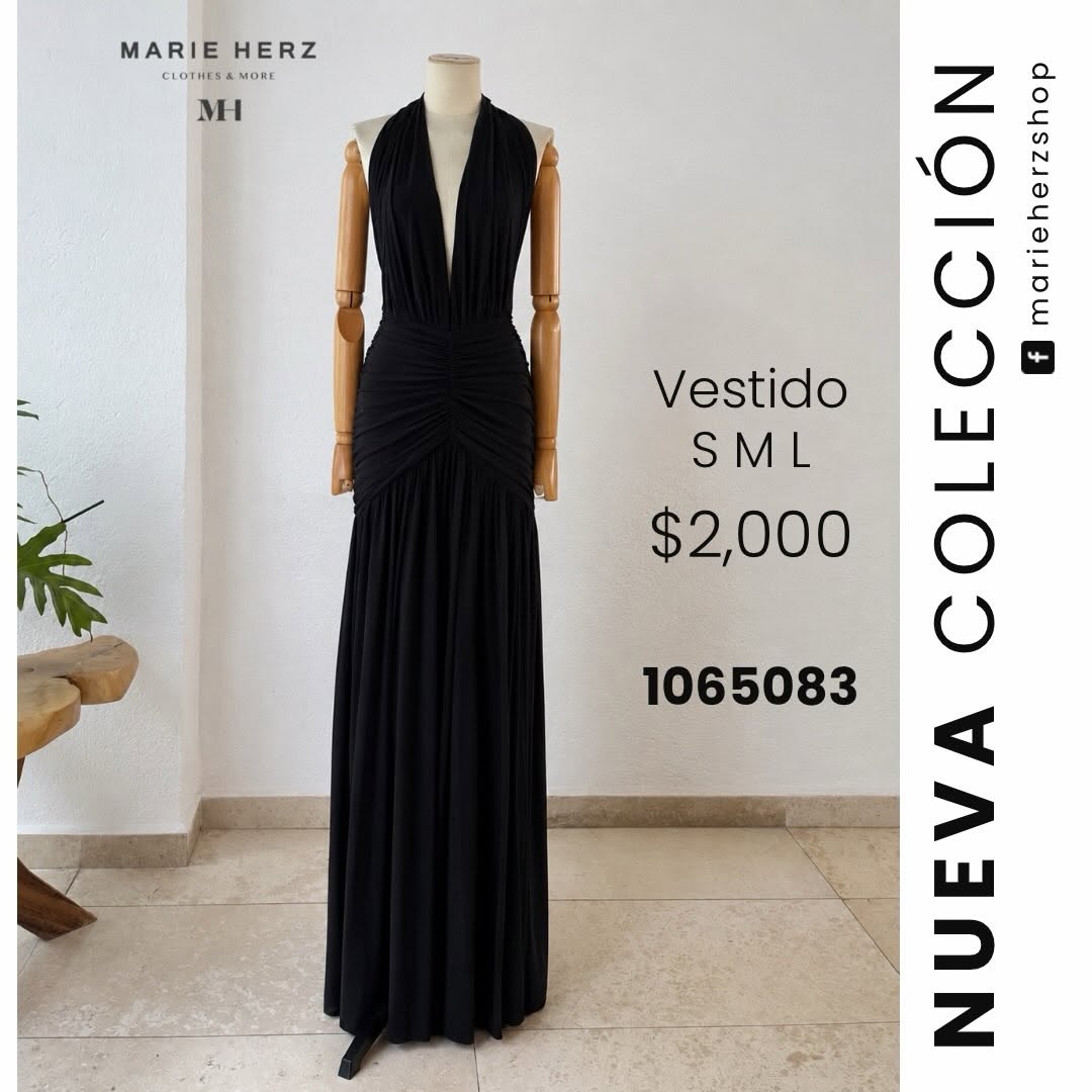 1065083  Vestido negro halter drapeado