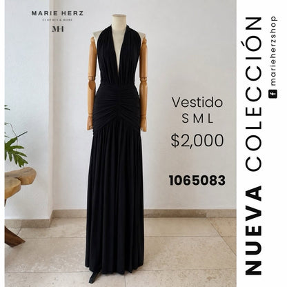 1065083  Vestido negro halter drapeado
