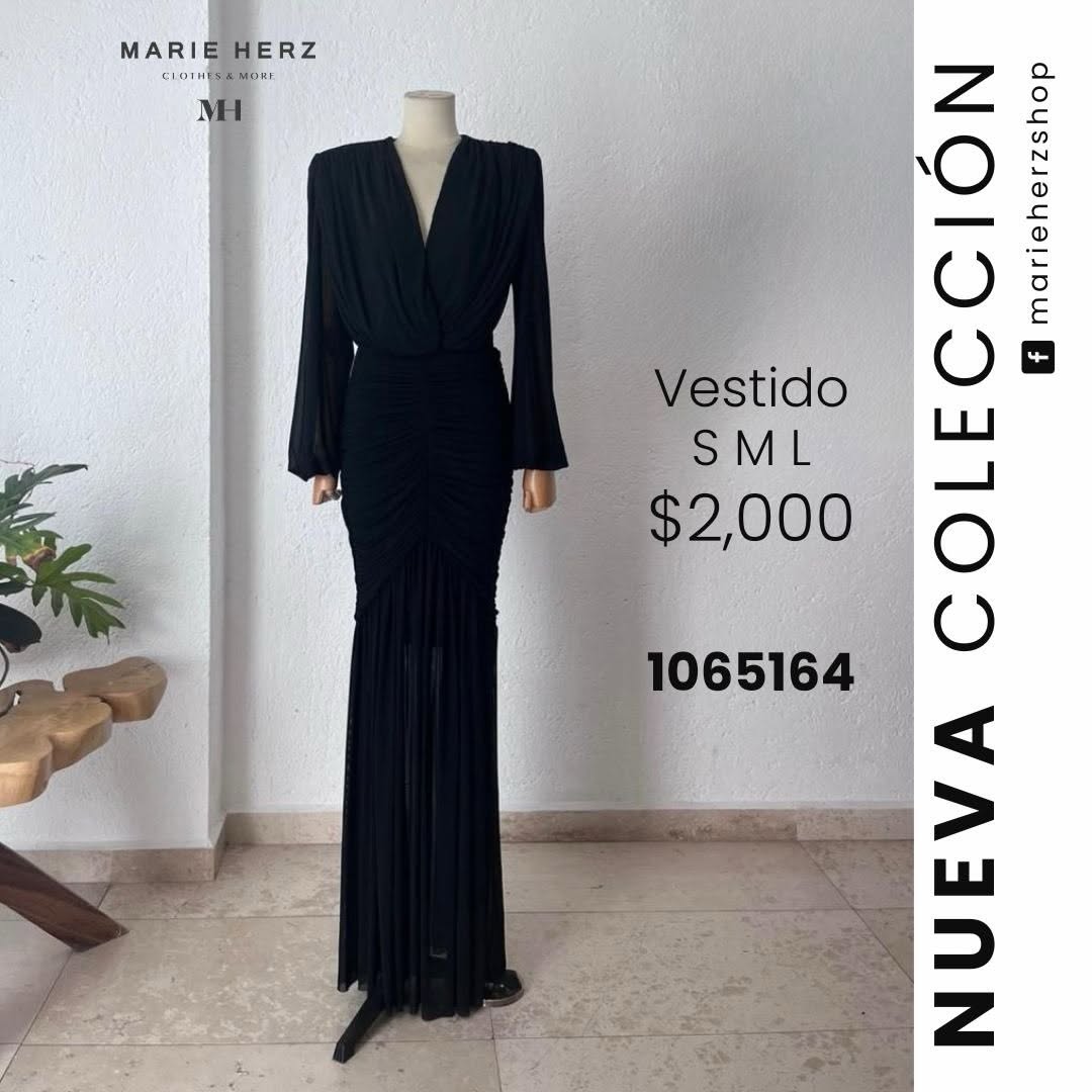 1065164  Vestido negro drapeado manga larga