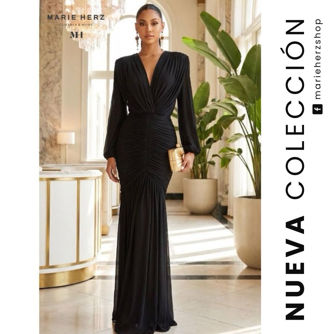 1065164  Vestido negro drapeado manga larga