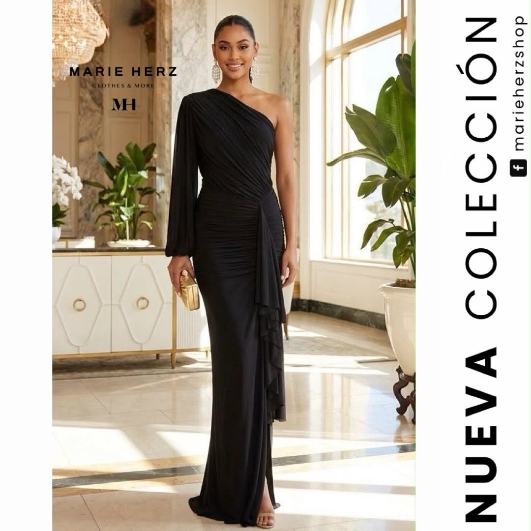 1065203  Vestido negro una manga olán