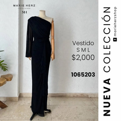 1065203  Vestido negro una manga olán