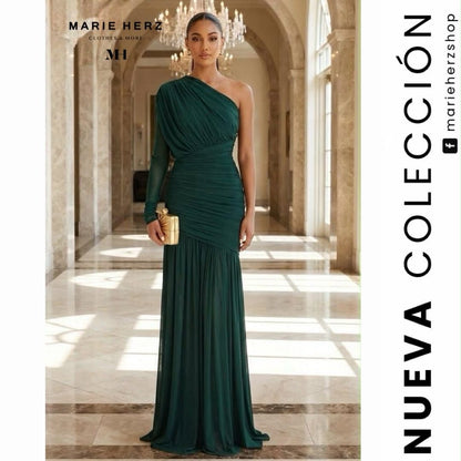 1065212  Vestido drapeado 1manga verde