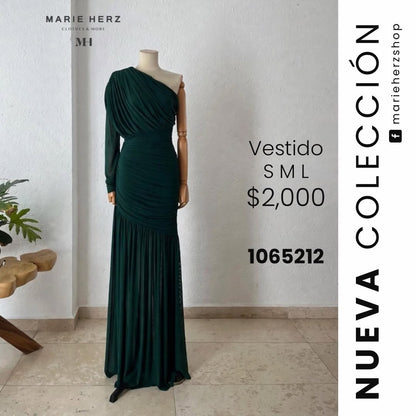 1065212  Vestido drapeado 1manga verde